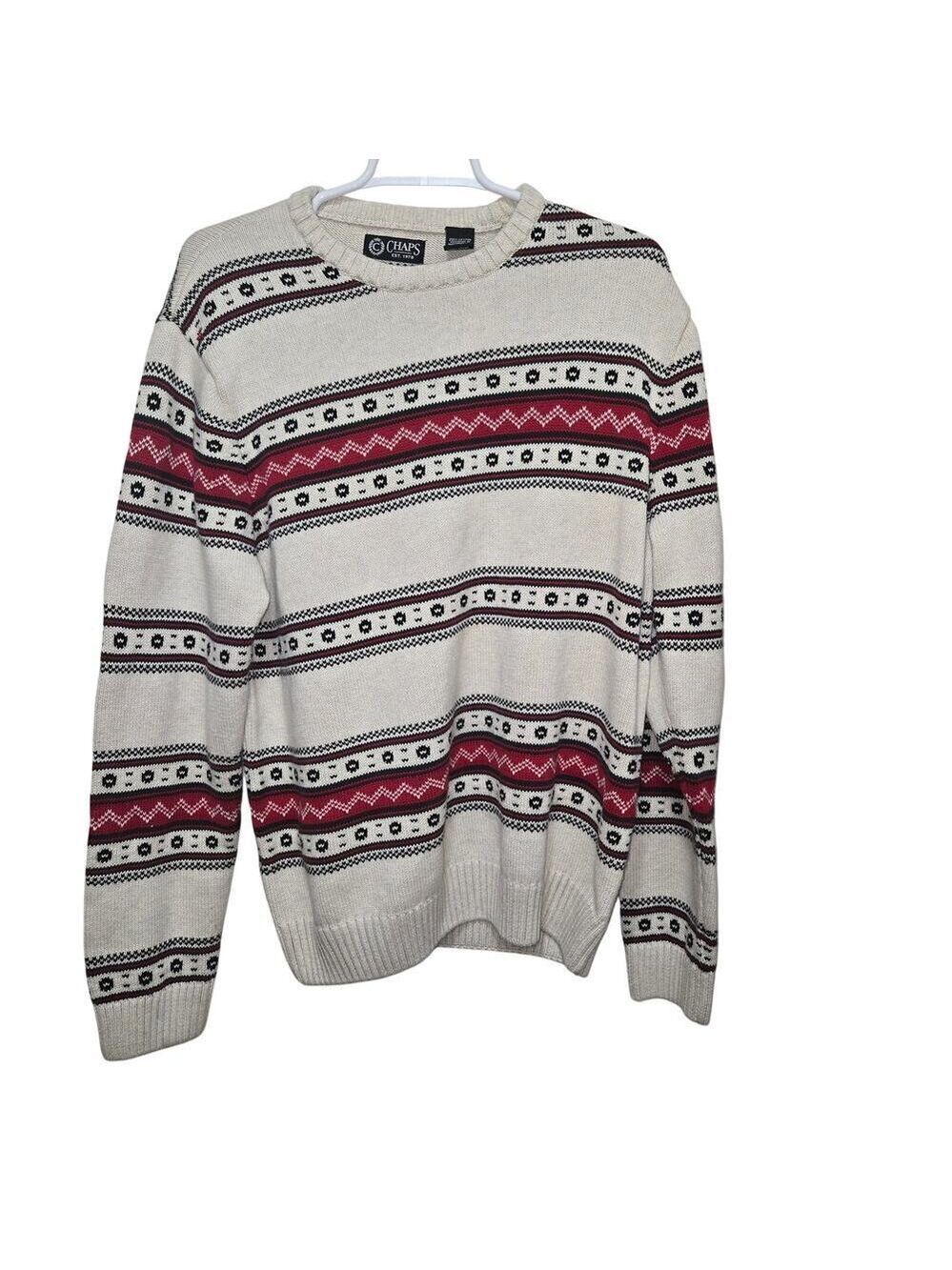 Chaps Mens Large Fair Isle Sweater Cream Red Black Nordic Ski Lodge